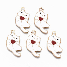 Honeyhandy Alloy Enamel Pendants, Cat with Red Heart, Golden, Cadmium Free & Nickel Free & Lead Free, Creamy White, 25x21~22x1mm, Hole: 2mm