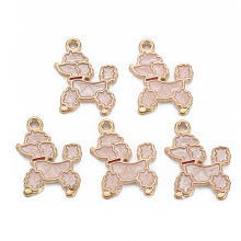 Honeyhandy Alloy Enamel Pendants, Light Gold, Cadmium Free & Nickel Free & Lead Free, Poodle, Misty Rose, 21x16x1.5mm, Hole: 1.6mm