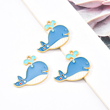 Honeyhandy Eco-Friendly Alloy Enamel Pendants, Cadmium Free & Lead Free & Nickel Free, Whale, Light Gold, Light Sky Blue, 24x29x1.8mm, Hole: 2mm