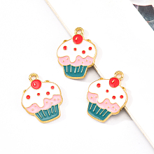 Honeyhandy Eco-Friendly Alloy Enamel Pendants, Cadmium Free & Lead Free & Nickel Free, Cup Cake, Light Gold, Colorful, 22x17x1.2mm, Hole: 1.8mm