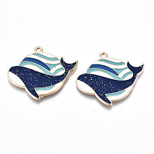 Honeyhandy Eco-Friendly Alloy Enamel Pendants, Cadmium Free & Lead Free & Nickel Free, Whale, Light Gold, Royal Blue, 25x31x1.2mm, Hole: 1.6mm