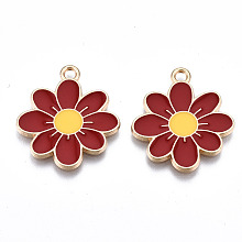 Honeyhandy Eco-Friendly Alloy Enamel Pendants, Cadmium Free & Lead Free & Nickel Free, Flower, Light Gold, FireBrick, 23x20.5x1.2mm, Hole: 2mm