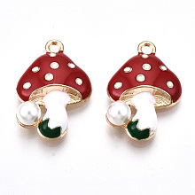 Honeyhandy Eco-Friendly Alloy Enamel Pendants, with ABS Plastic Imitation Pearl, Cadmium Free & Lead Free & Nickel Free, Mushroom, Light Gold, Red, 23x15.5x6mm, Hole: 1.8mm