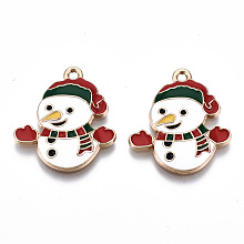 Honeyhandy Eco-Friendly Alloy Enamel Pendants, Cadmium Free & Lead Free & Nickel Free, Christmas Snowman, Light Gold, White, 23x20x2.5mm, Hole: 1.6mm