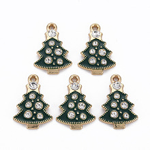 Honeyhandy Alloy Enamel Pendants, with Crystal Rhinestone, Cadmium Free & Nickel Free & Lead Free, Christmas Trees, Light Gold, Dark Green, 23x15.5x3mm, Hole: 1.6mm