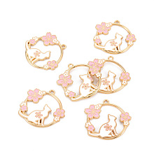 Honeyhandy Eco-Friendly Alloy Enamel Pendants, Cadmium Free & Lead Free & Nickel Free, Light Gold, Ring with Cat and Sakura, Pink, 30x31x2.5mm, Hole: 1.8mm