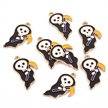 Honeyhandy Eco-Friendly Alloy Enamel Pendants, Cadmium Free & Lead Free & Nickel Free, Halloween, Light Gold, Grim Reaper, Black, 28.5x16.5x1.5mm, Hole: 1.8mm