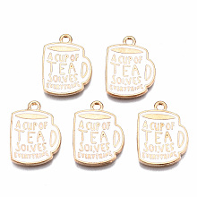 Honeyhandy Eco-Friendly Alloy Enamel Pendants, Cadmium Free & Lead Free & Nickel Free, Light Gold, Cup with Phrase A CUP OF TEA SOLVES EVERYTHING, White, 20x15x1.5mm, Hole: 1.6mm