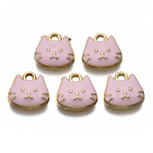 Honeyhandy Alloy Enamel Charms, Light Gold, Cadmium Free & Nickel Free & Lead Free, Cat, Pearl Pink, 11.5x11.5x3mm, Hole: 1.4mm