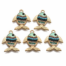 Honeyhandy Alloy Enamel Pendants, Light Gold, with Rhinestone and Acrylic, Cadmium Free & Nickel Free & Lead Free, Fish, Aquamarine, 23x18.5x3.5mm, Hole: 1.6mm