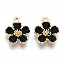 Honeyhandy Eco-Friendly Zinc Alloy Pendants, with Enamel, Cadmium Free & Nickel Free & Lead Free, 5- Petal Flower, Light Gold, Black, 16x13x3mm, Hole: 1.8mm