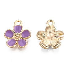 Honeyhandy Eco-Friendly Zinc Alloy Pendants, with Enamel, Cadmium Free & Nickel Free & Lead Free, 5- Petal Flower, Light Gold, Lilac, 16x13x3mm, Hole: 1.8mm