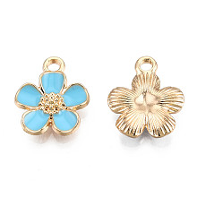 Honeyhandy Eco-Friendly Zinc Alloy Pendants, with Enamel, Cadmium Free & Nickel Free & Lead Free, 5- Petal Flower, Light Gold, Light Sky Blue, 16x13x3mm, Hole: 1.8mm