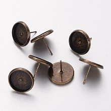 Honeyhandy Antique Bronze Plated Brass Ear Stud Bezel Settings, Lead Free and Cadmium Free and Nickel Free, about 12mm long, 14mm wide, Tray: 12mm