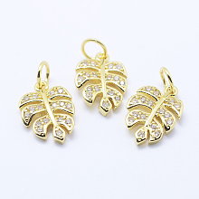 Honeyhandy Brass Micro Pave Cubic Zirconia Charms, Tropical Leaf Charms, Monstera Leaf, Lead Free & Nickel Free & Cadmium Free, Golden, 14x9.5x2mm, Hole: 3mm