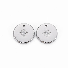 Honeyhandy 304 Stainless Steel Charms, with Micro Pave Clear Cubic Zirconia, Cadmium Free & Nickel Free & Lead Free, Flat Round, Stainless Steel Color, 12x1.5mm, Hole: 0.9mm