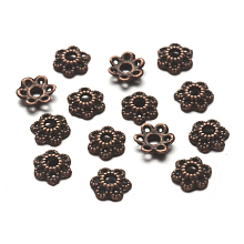 Honeyhandy 6-Petal Tibetan Style Alloy Hollow Flower Bead Caps, Cadmium Free & Nickel Free & Lead Free, Red Copper, 6x1.5mm, Hole: 2mm