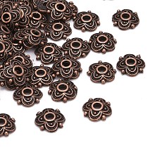 Honeyhandy 4-Petal Tibetan Style Alloy Flower Bead Caps, Cadmium Free & Nickel Free & Lead Free, Red Copper, 8x8x2mm, Hole: 2mm