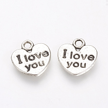 Honeyhandy Tibetan Style Alloy Pendants, Heart with Word I Love, For Valentine's Day you, Cadmium Free & Nickel Free & Lead Free, Antique Silver, 11.5x11x1mm, Hole: 2mm