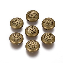 Honeyhandy Tibetan Style Alloy Beads, Flat Round with Lotus, Cadmium Free & Nickel Free & Lead Free, Antique Bronze, 14x6.5mm, Hole: 1mm