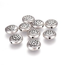 Honeyhandy Tibetan Style Alloy Beads, Flat Round with Lotus, Lead Free & Nickel Free & Cadmium Free, Thai Sterling Silver Plated, 14x6.5mm, Hole: 1mm