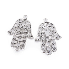 Honeyhandy Tibetan Style Alloy Big Hamsa Hand/Hand of Fatima /Hand of Miriam Pendants, Cadmium Free & Nickel Free & Lead Free, Antique Silver, 85x62x2mm, Hole: 7mm