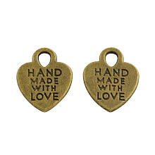 Honeyhandy Tibetan Style Alloy Heart Charms, with Phrase Hand Made with Love, For Valentine's Day, Cadmium Free & Nickel Free & Lead Free, Antique Bronze, 15x12x1mm, Hole: 2.5mm