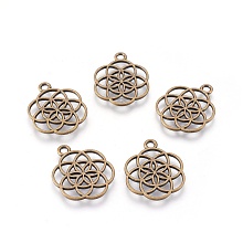 Honeyhandy Tibetan Style Flower Alloy Pendants, Seed of Life/Sacred Geometry, Cadmium Free & Nickel Free & Lead Free, Antique Bronze, 25x20x1mm, Hole: 2mm