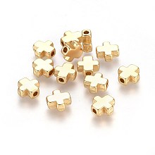 Honeyhandy Alloy Beads, Cross, Lead Free & Nickel Free & Cadmium Free, Real 18K Gold Plated, Matte Gold Color, 8.5x8x3.5mm, Hole: 1.5mm