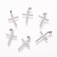 Honeyhandy Brass Micro Pave Cubic Zirconia Pendants, Cadmium Free & Nickel Free & Lead Free, Cross, Real Platinum Plated, 22.5x15x3mm, Hole: 2.5x3mm