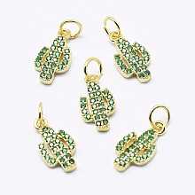 Honeyhandy Brass Micro Pave Cubic Zirconia Charms, Cadmium Free & Nickel Free & Lead Free, Cactus, Green, Golden, 14x7.5x2mm, Hole: 3mm