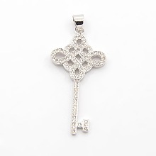 Honeyhandy CZ Jewelry Brass Micro Pave Cubic Zirconia Chinese Knot Skeleton Key Pendants, Cadmium Free & Nickel Free & Lead Free, Platinum, 36x18x2mm, Hole: 4x3mm