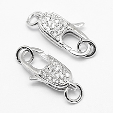 Honeyhandy Brass Micro Pave Grade AAA Cubic Zirconia Lobster Claw Clasps, Lead Free & Nickel Free & Cadmium Free, Real Platinum Plated, 19x10x6mm, Hole: 3mm