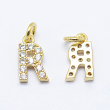 Honeyhandy Brass Micro Pave Grade AAA Cubic Zirconia Charms, Letter R, Cadmium Free & Nickel Free & Lead Free, Real 18K Gold Plated, 9x5x1.5mm, Hole: 2mm