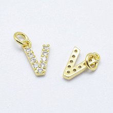 Honeyhandy Brass Micro Pave Grade AAA Cubic Zirconia Charms, Letter V, Cadmium Free & Nickel Free & Lead Free, Real 18K Gold Plated, 9x6x1.5mm, Hole: 2mm