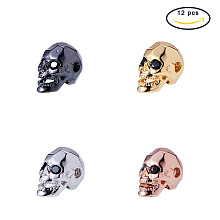 PandaHall Elite 12 PCS 4 Color Environmental Brass Micro Pave Cubic Zirconia Skull Beads for Men Original Bracelet DIY Jewelry Making