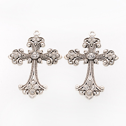 Honeyhandy Alloy Rhinestone Cross Big Gothic Pendants, Lead Free & Cadmium Free & Nickel Free, Antique Silver, 75x50x7mm, Hole: 3.5mm