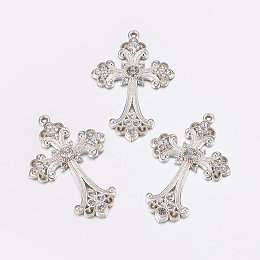 Honeyhandy Alloy Rhinestone Cross Big Pendants, Lead Free & Cadmium Free & Nickel Free, Silver Color Plated, 75x50x7mm, Hole: 3.5mm