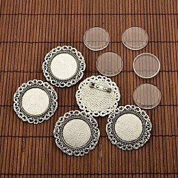 Honeyhandy 25mm Transparent Glass Cabochons and Flat Round Tibetan Style Brooch Cabochon Settings, Cadmium Free & Nickel Free & Lead Free, Antique Silver, Cabochon Settings: 39mm, Tray: 25mm, Pin: 0.8mm