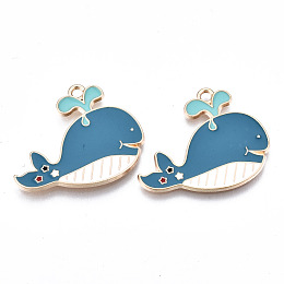 Honeyhandy Eco-Friendly Alloy Enamel Pendants, Cadmium Free & Lead Free & Nickel Free, Whale, Light Gold, Light Sky Blue, 24x29x1.8mm, Hole: 2mm