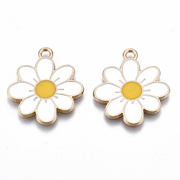 Honeyhandy Eco-Friendly Alloy Enamel Pendants, Cadmium Free & Lead Free & Nickel Free, Flower, Light Gold, White, 23x20.5x1.2mm, Hole: 2mm