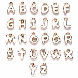 ARRICRAFT Alloy Enamel Charms, Enamelled Sequins, Cadmium Free & Nickel Free & Lead Free, Light Gold, Alphabet Shape, Letter A~Z, White, 11x6.5x2mm, Hole: 1.5mm, 26pcs/set