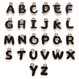 ARRICRAFT Alloy Enamel Charms, Enamelled Sequins, Cadmium Free & Nickel Free & Lead Free, Light Gold, Alphabet Shape, Letter A~Z, Black, 11x6.5x2mm, Hole: 1.5mm, 26pcs/set