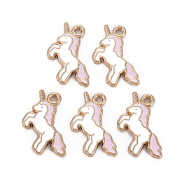 Honeyhandy Alloy Enamel Pendants, Cadmium Free & Nickel Free & Lead Free, Unicorn, Light Gold, White, 17x20x1.5mm, Hole: 1.5mm