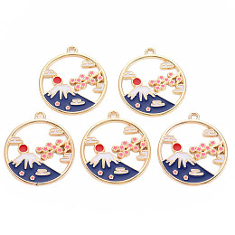 Honeyhandy Alloy Enamel Pendants, Cadmium Free & Nickel Free & Lead Free, Light Gold, Ring with Mount Fuji, Midnight Blue, 30x27x1.5mm, Hole: 1.8mm