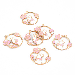 Honeyhandy Eco-Friendly Alloy Enamel Pendants, Cadmium Free & Lead Free & Nickel Free, Light Gold, Ring with Rabbit and Sakura, Pink, 30x31x2mm, Hole: 1.8mm