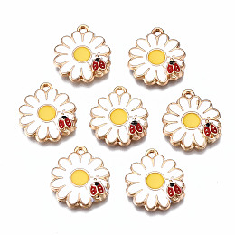 Honeyhandy Eco-Friendly Alloy Enamel Pendants, Cadmium Free & Lead Free & Nickel Free, Light Gold, Flower with Beetle, White, 18.5x17x3mm, Hole: 1.5mm