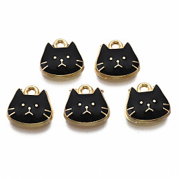 Honeyhandy Alloy Enamel Charms, Light Gold, Cadmium Free & Nickel Free & Lead Free, Cat, Black, 11.5x11.5x3mm, Hole: 1.4mm