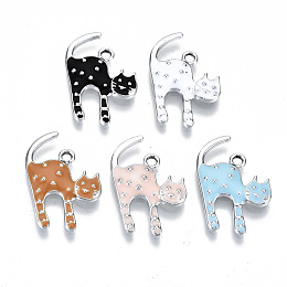 Honeyhandy Eco-Friendly Zinc Alloy Pendants, with Enamel, Cadmium Free & Nickel Free & Lead Free, Cat Shape, Platinum, Mixed Color, 22~23x14~15x2~3mm, Hole: 1.8mm