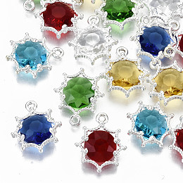 Honeyhandy Faceted Glass Pendants, with Eco-Friendly Alloy Findings, Cadmium Free & Nickel Free & Lead Free, Faceted, Flower, Silver, Mixed Color, 15x13x4mm, Hole: 1.6mm